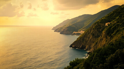 Fototapeta premium Coastal sunset view, Italian Riviera village