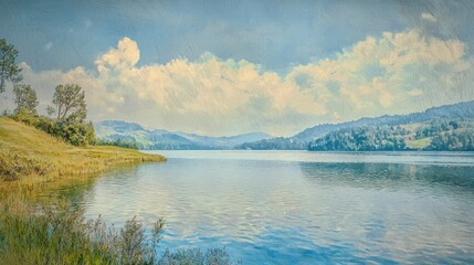 Obraz premium Serene Lakeside Landscape: Tranquil Waters and Mountain Reflections