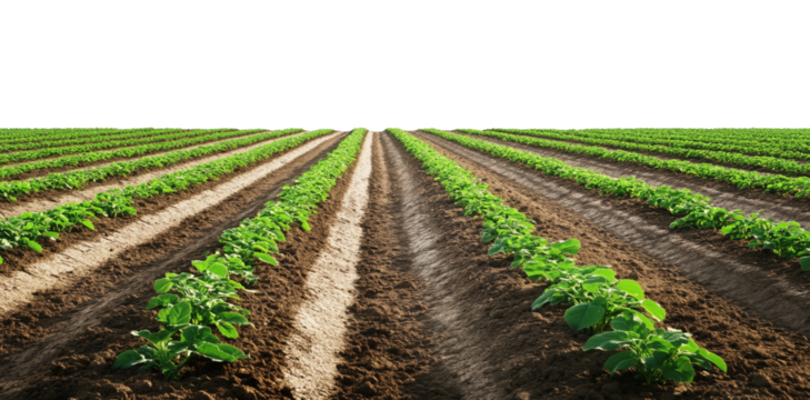 Agricultural field with rows of young plants isolated on transparent background