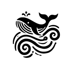 Silhouette of a Black Whale Jumping Over Waves Against White Backdrop