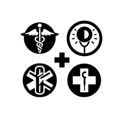 Obraz premium Icons are combined to depict symbols of medicine, and the medical symbols are illustrated in a simple and minimalistic design with black on white style, on a solid background of the sign.
