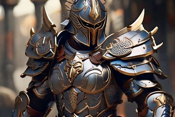 Epic armored warrior in a highly detailed and ornate medieval fantasy armor. The suit features a metallic blue and gold design with intricate engravings, sharp edges, and a fierce closed helmet with a