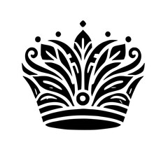 Black and White Crown Illustration with Leafy, Ornamental Design, Isolated on White