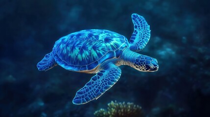 Fototapeta premium A vibrant blue sea turtle gracefully swims in a deep ocean, near coral reefs.