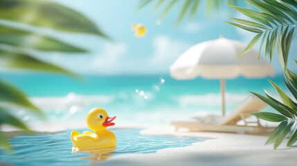 Round pool podium with water splash effect near beach lounger. Minimalist summer scene with white umbrella, palm leaves and decorative rubber duck for product display or spa promotional presentation.