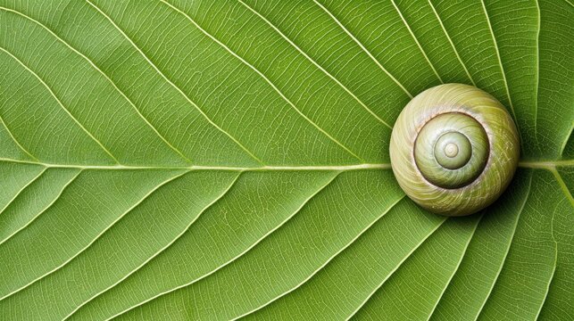 A close-up of a snail resting on a green leaf, showcasing the intricate details of its shell and the vibrant texture of the leaf.
