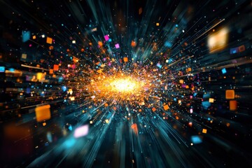 Fototapeta premium Vibrant Explosion of Colorful Particles in a Dark Space Background