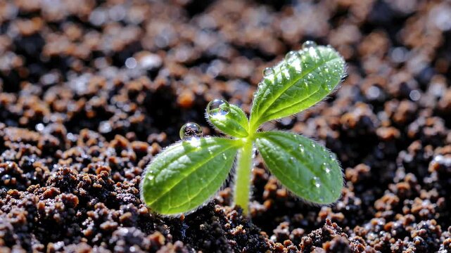 A small green seedling emerges from dark, rich soil, adorned with sparkling droplets of water from a recent rain. The surrounding environment exudes freshness and vitality, showcasing nature's beauty.