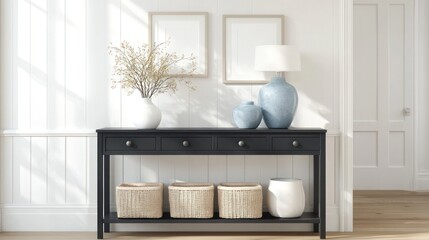 Sunlit hallway with console table, vases, dried flowers, baskets, and framed artwork.