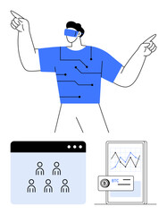 Man with VR headset gestures emphatically, connected tech circuit shirt. Below are a user dashboard and crypto analytics screen. Ideal for tech trends, innovation, finance, blockchain, networking