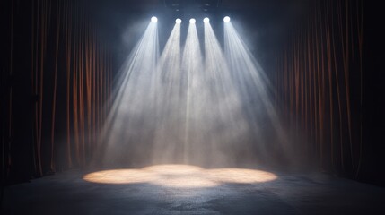 Spotlights Illuminate Empty Stage with Dramatic Lighting Effects