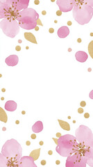 Pink flowers and gold dots on white background create delicate border