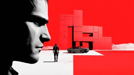 Monochromatic tableau featuring a man in silhouette a mysterious figure a car and surreal architecture on a stark red and white stage