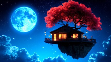 Naklejka premium A charming house sits atop a floating island under a full moon adorned with vibrant red trees and illuminated by warm inviting lights