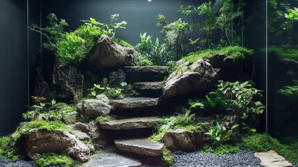 Serene Natural Garden Setting with Rocks and Lush Greenery