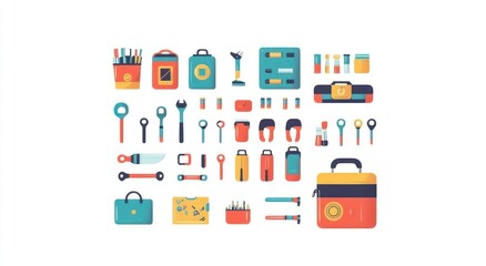Flat lay of colorful camping and outdoor gear icons.