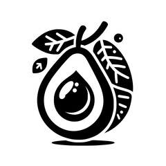 Minimalist avocado illustration with black and white style, showing leaves, seed, and abstract design.
