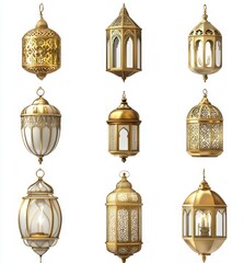 Golden lanterns collection; Islamic design, white background, Ramadan decor