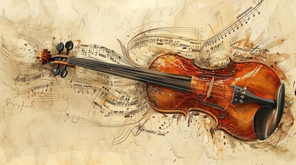 A violin is drawn on a piece of paper with musical notes surrounding it