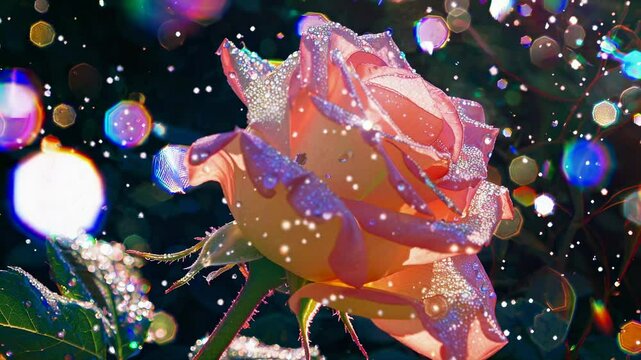 The video captures a dewy rose in vibrant colors with a dreamy, bokeh effect, creating a magical atmosphere. Close-up camera angle.