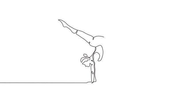 Continuous line drawing animation of woman doing yoga stretching upside down. Concept of yoga position. Animation video