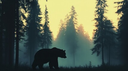 Naklejka premium Silhouette of a bear walking through a dense forest with fog and tall trees creating a mysterious and natural atmosphere