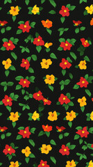 Colorful floral pattern with red and yellow flowers on black background