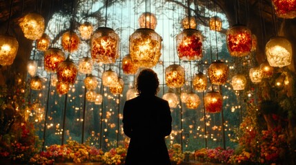 A person stands silhouetted in a flower-filled room with hanging lanterns creating a magical and enchanting atmosphere