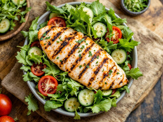 Grilled chicken breast served atop a fresh salad with tomatoes and cucumbers Healthy and delicious