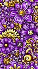 Colorful floral pattern with purple and yellow flowers