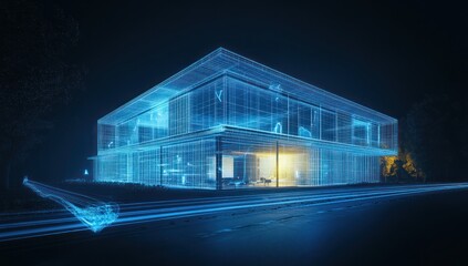 Obraz premium Wireframe model of a smart home at night, illuminated with digital data streams.