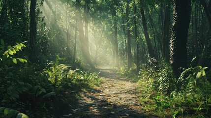 Obraz premium Sunbeams Illuminate Mystical Forest Path
