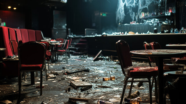 Destroyed bar interior with damaged furniture. Vector cartoon illustration of messy night club with empty stage, broken tables and chairs, dirty stains and cobweb on walls, dust and bottles on floor