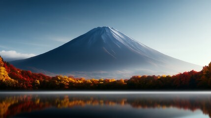 Majestic Mount Fuji Surrounded by Vibrant Autumn Foliage Reflecting in Calm Lake