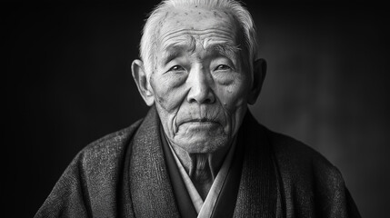 A striking black-and-white portrait of an elderly Japanese man wearing a traditional montsuki haori, his weathered face full of wisdom, deep contrast enhancing the details
