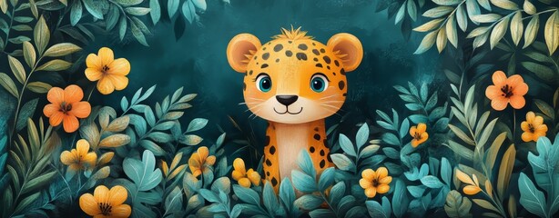 Obraz premium Adorable Leopard Cub in Lush Tropical Foliage