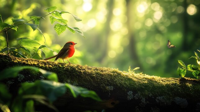 A red robin perched on a moss-covered log in a sun-dappled forest, with a butterfly in the background.