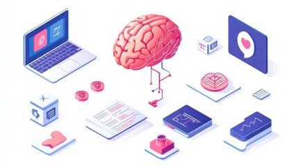 Isometric illustration of human brain with laptop, documents, and medical icons, representing AI, technology, and healthcare.