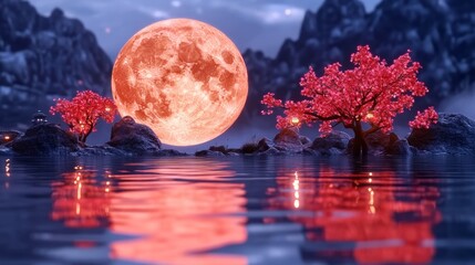 An enchanting landscape featuring a bright full moon casting its reddish glow upon a serene lake adorned with vibrant pink trees