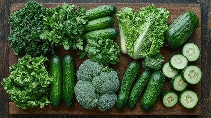 Green vegetables on wooden board; healthy eating