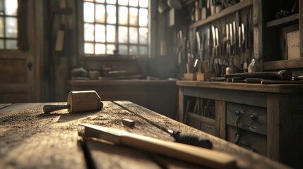 Dusty workbench in a vintage carpentry workshop with tools and wood shavings.