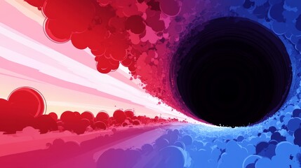 Abstract depiction of a portal or wormhole with stylized clouds in red and blue hues swirling towards a central dark void