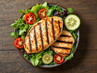 Grilled chicken served with fresh salad and vegetables presented on a plate healthy eating