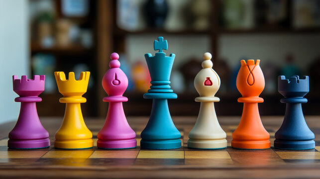 Pink chess pieces set featuring pawn, rook, knight, bishop, queen and king in cartoon style. Glossy figures for chessboard game lessons or club, hobby interface design or educational materials.