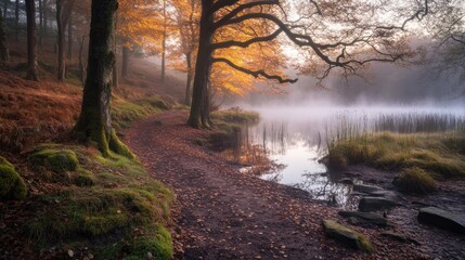 Obraz premium Misty autumn morning path alongside a tranquil lake in a forest with colorful foliage.