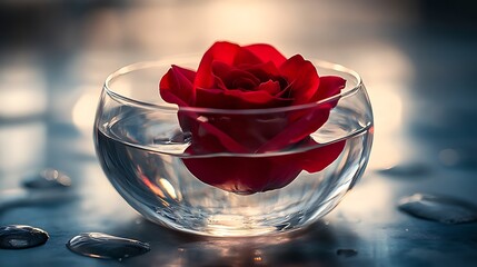 Red rose in water bowl, sunset backdrop