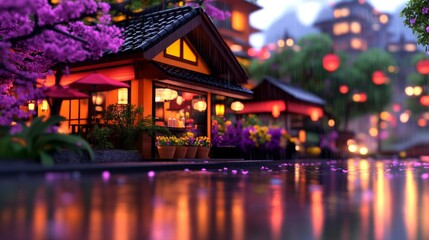 Fototapeta premium Rainy Asian street scene at night with illuminated buildings flowering trees and reflections on the wet pavement Night scene cityscape view