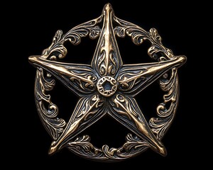 Ornate Bronze Pentagram on Black Background