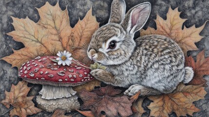 Naklejka premium Autumnal Harmony: A Rabbit, Mushroom, and Fallen Leaves