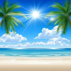 Obraz premium Sunny beach with palm trees and blue sky